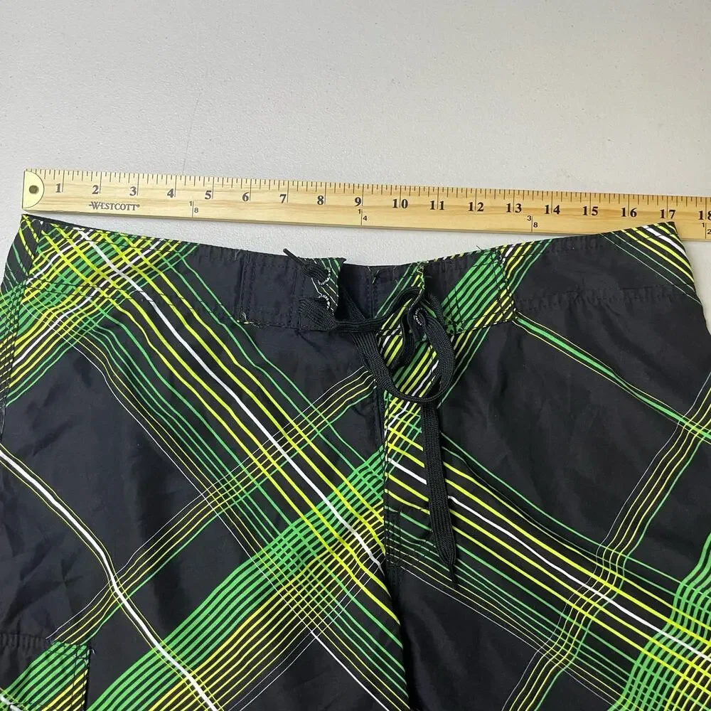 Point Zero Board  Shorts Size Large Plaid Black Green Yellow White‎ Swimwear